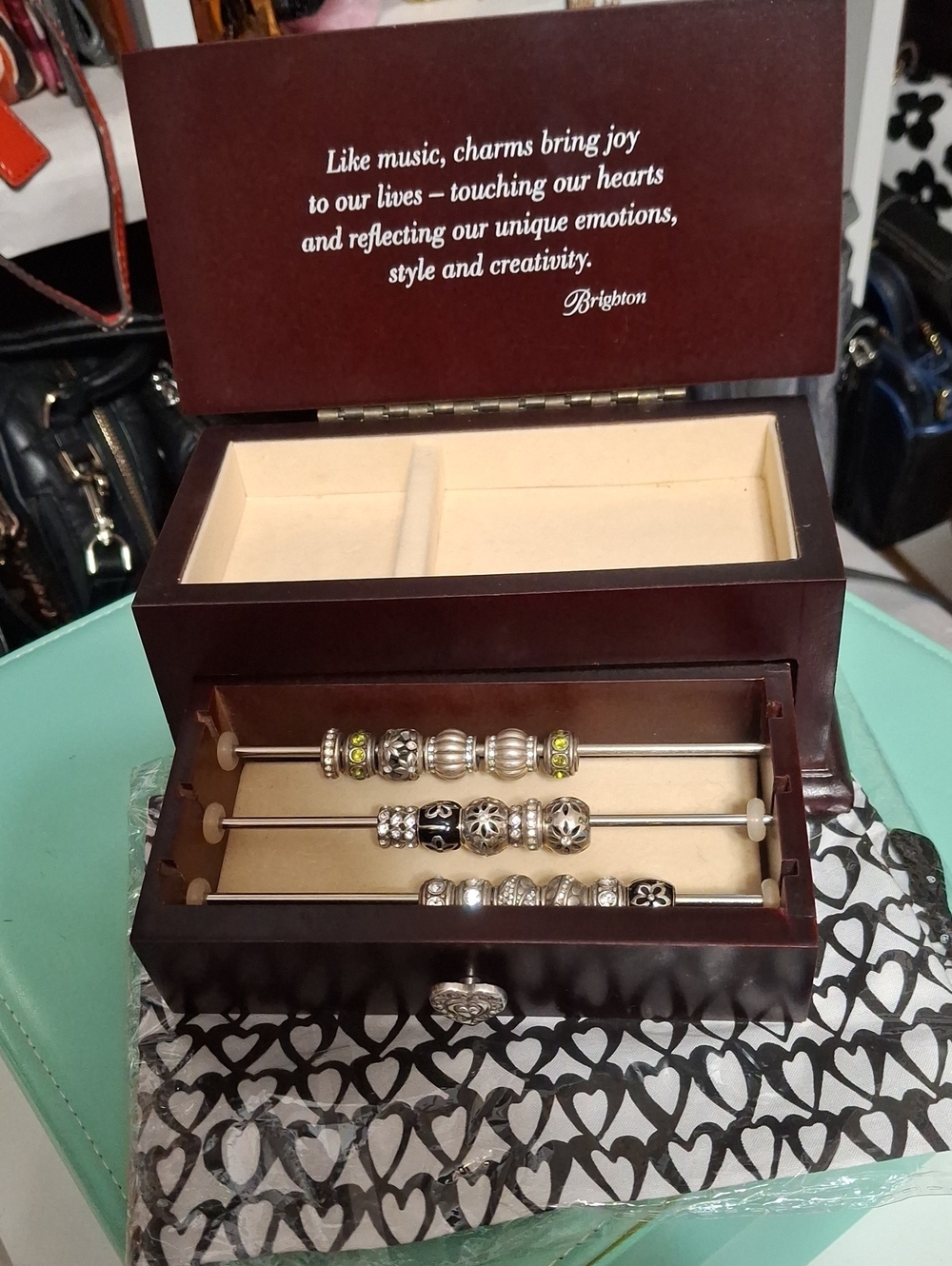 Brighton Bead Storage W/ 20 Beads Classic Dark Brown Jewelry Box Heart Pull